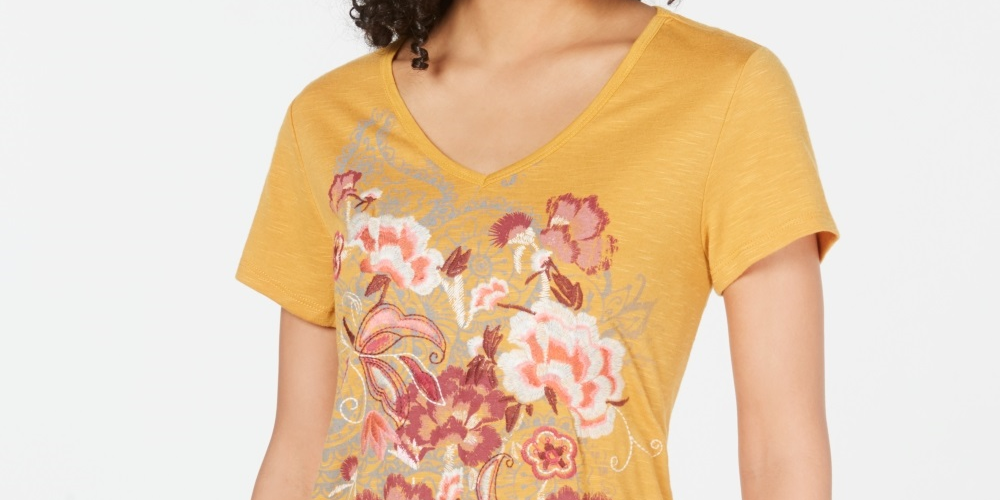 Style & Co Women's Floral Graphic V Neck Top Yellow Size X-Small