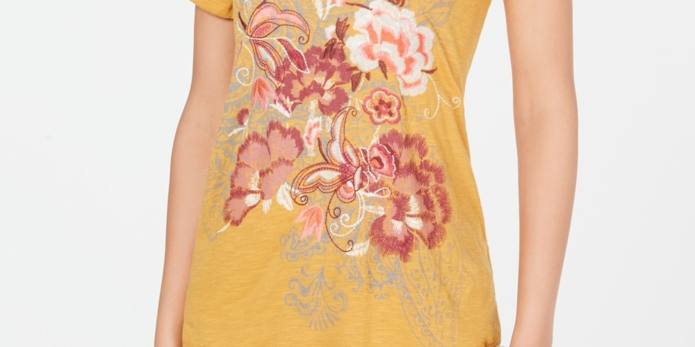 Style & Co Women's Floral Graphic V Neck Top Yellow Size X-Small