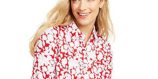 Charter Club Women's Printed Roll Sleeve Linen Blend Top Red Size Medium