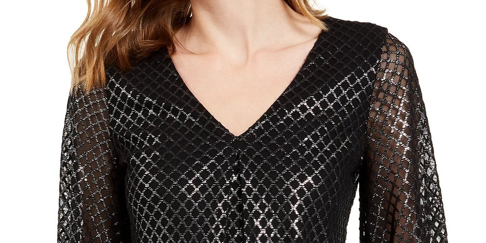 Alfani Women's Metallic Print Smocked Sleeve Top  Black Size X-Large