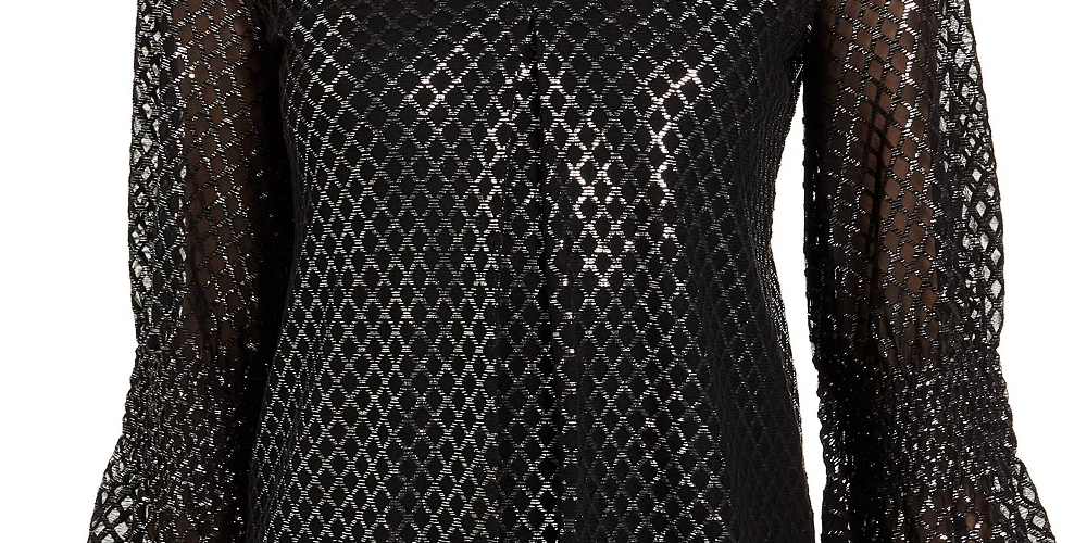 Alfani Women's Metallic Print Smocked Sleeve Top  Black Size X-Large