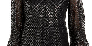 Alfani Women's Metallic Print Smocked Sleeve Top  Black Size X-Large