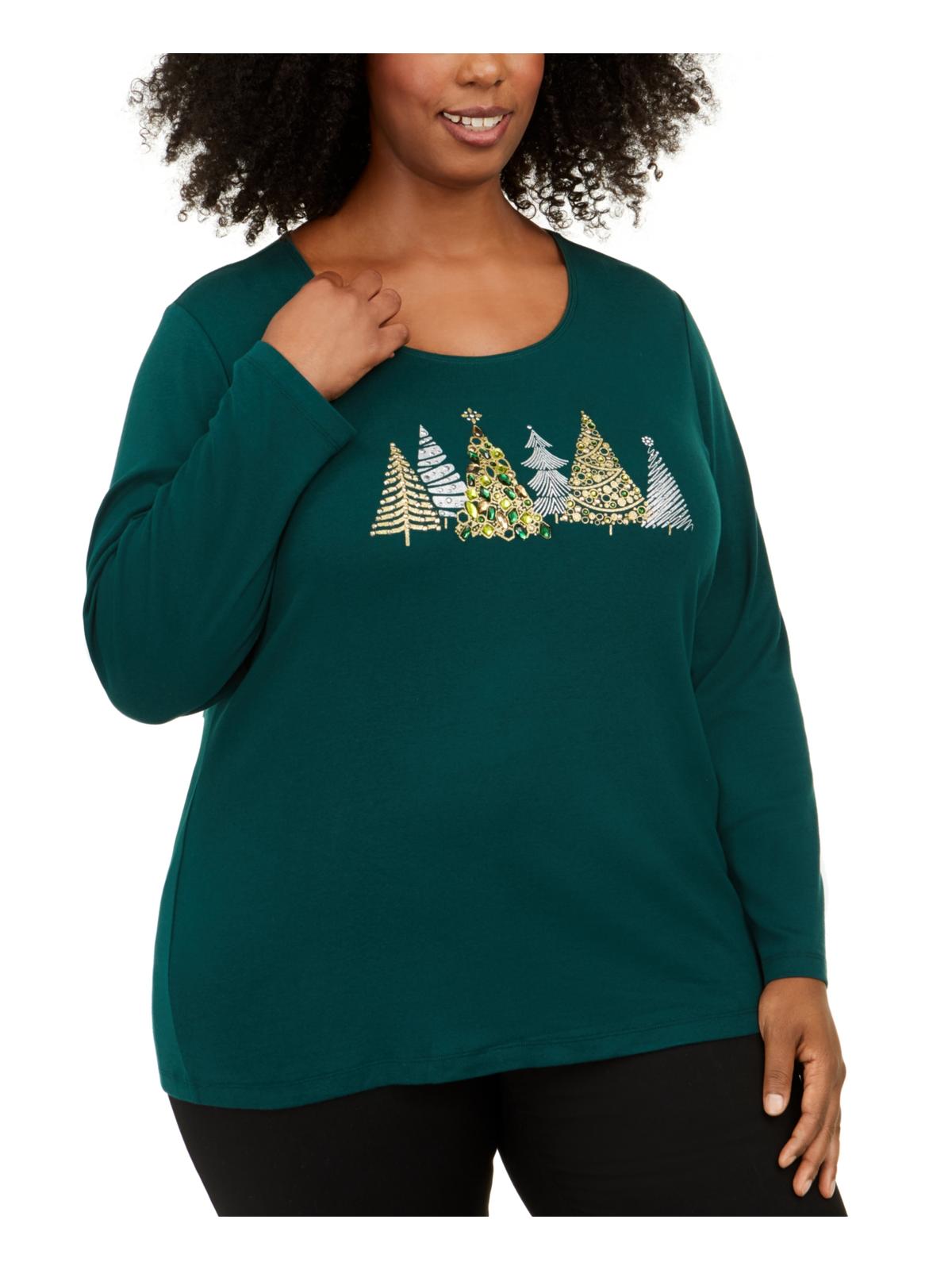 Karen Scott Women's Plus Cotton Holiday Graphic Top Plus Green Size 0X