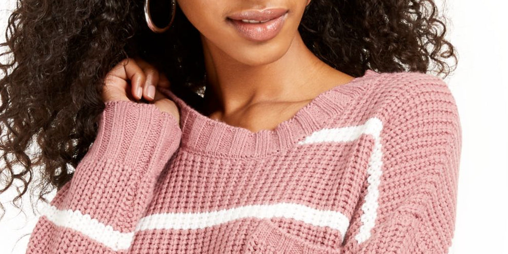 Hippie Rose Women's Striped Long Sleeve Crew Neck Sweater Pink Size Medium