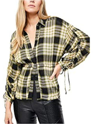Free People Women's Snap up Front Plaid Long Sleeve Collared Top Black Size Large