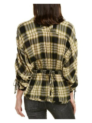 Free People Women's Snap up Front Plaid Long Sleeve Collared Top Black Size Large