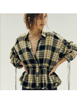 Free People Women's Snap up Front Plaid Long Sleeve Collared Top Black Size Large