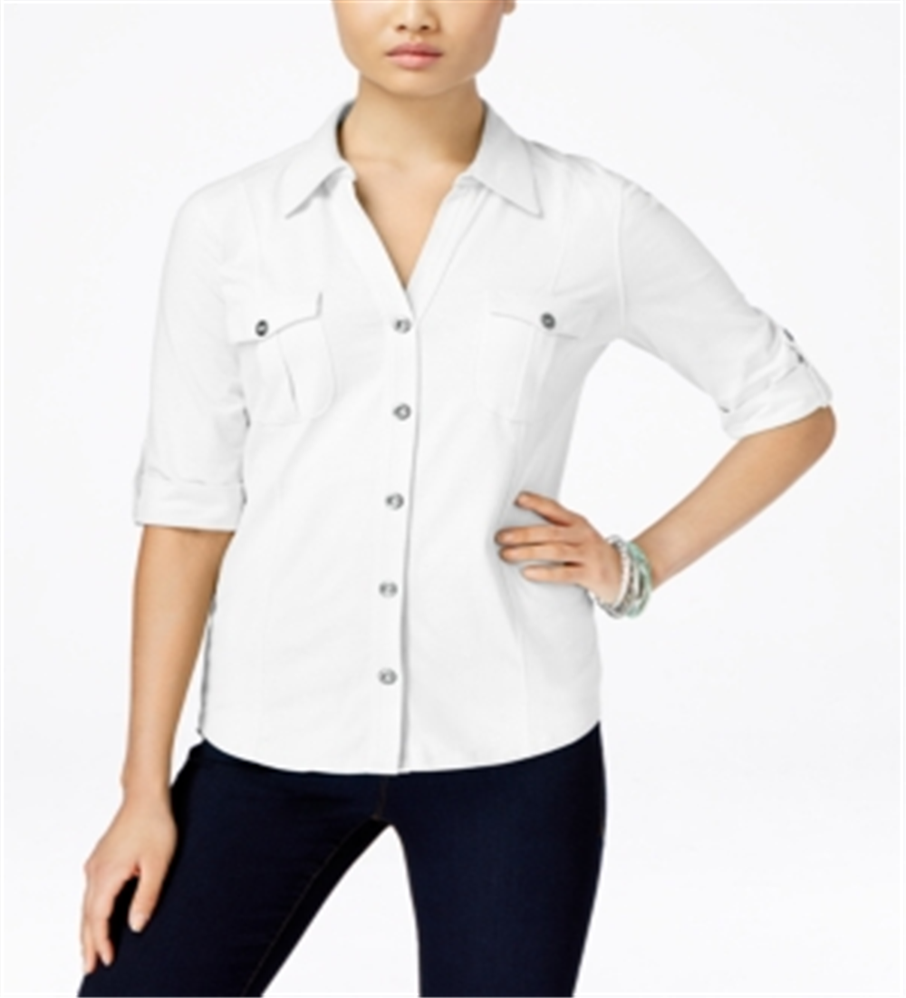Style & Co Women's Jersey Utility Shirt White Size Petite M