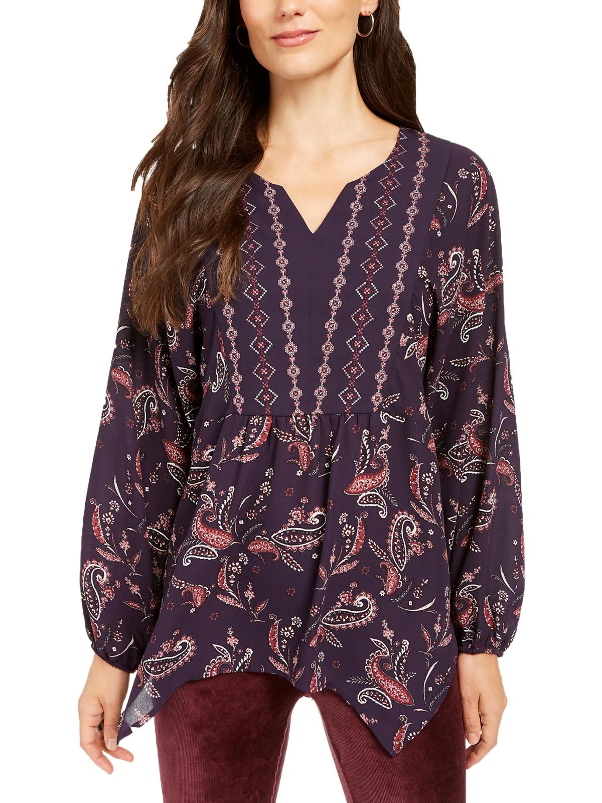 Style & Co Women's Printed Handkerchief Hem Peasant Top Paisley Grape Size Small