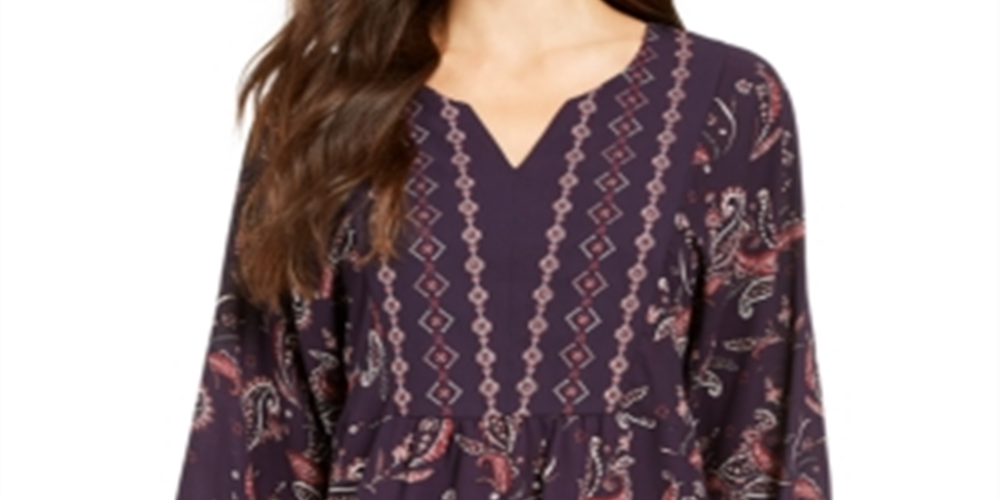 Style & Co Women's Printed Handkerchief Hem Peasant Top Paisley Grape Size Small