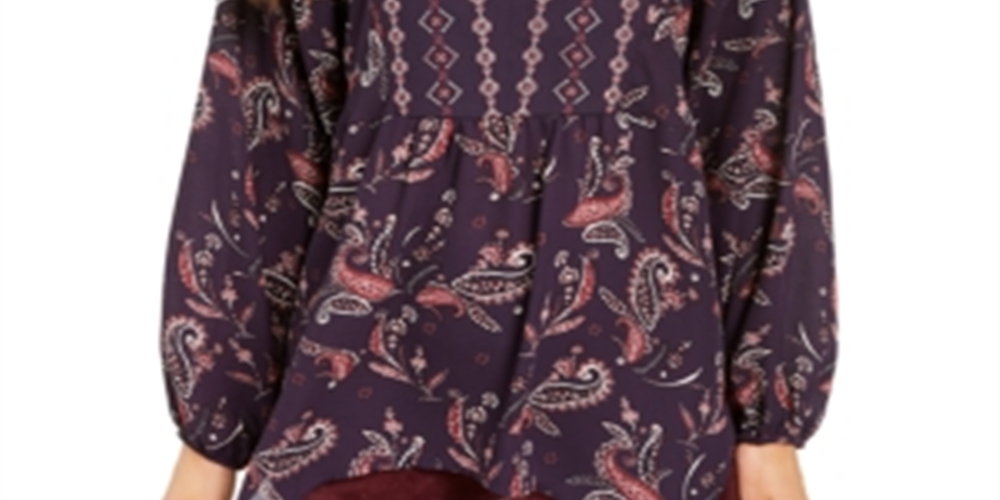 Style & Co Women's Printed Handkerchief Hem Peasant Top Paisley Grape Size Small