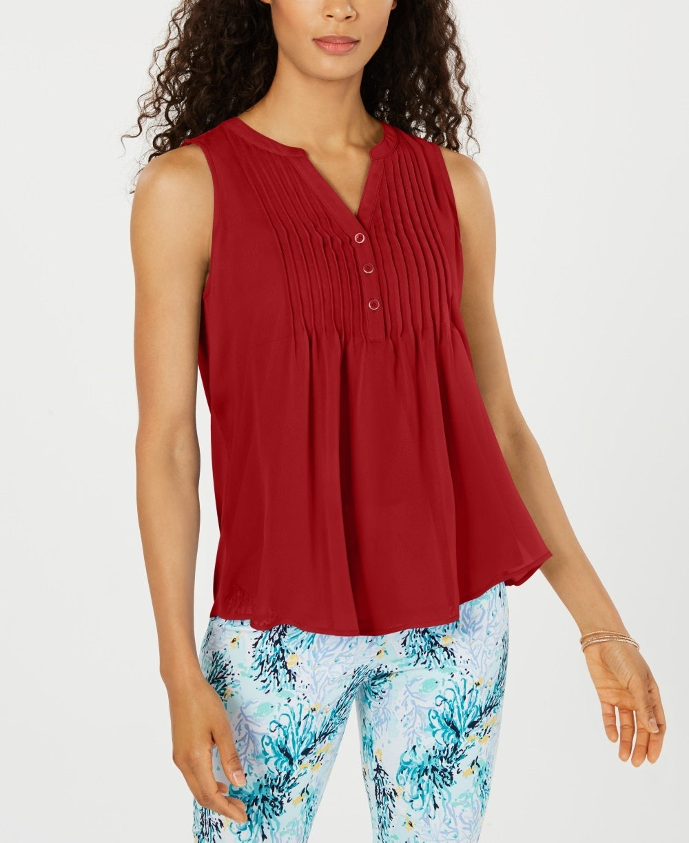 Charter Club Women's Sleeveless Pintuck Blouse Red Size X-Large