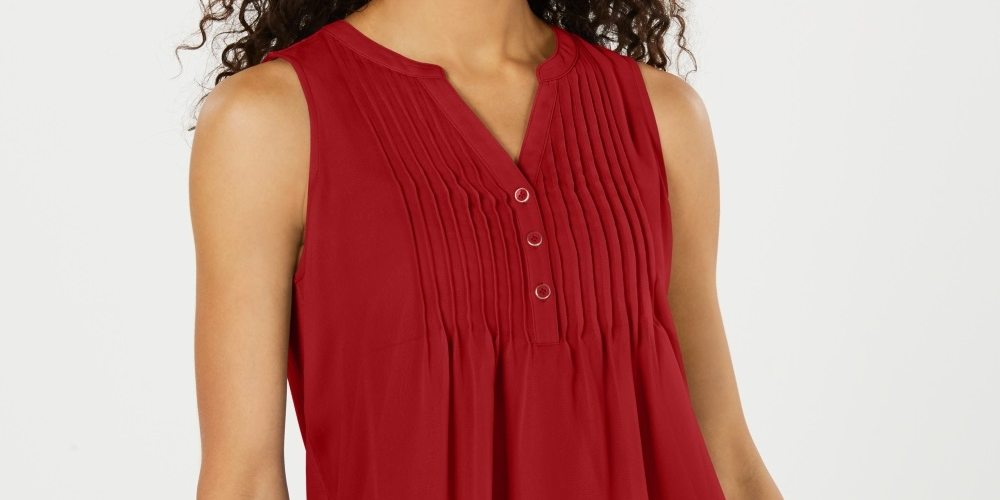 Charter Club Women's Sleeveless Pintuck Blouse Red Size X-Large