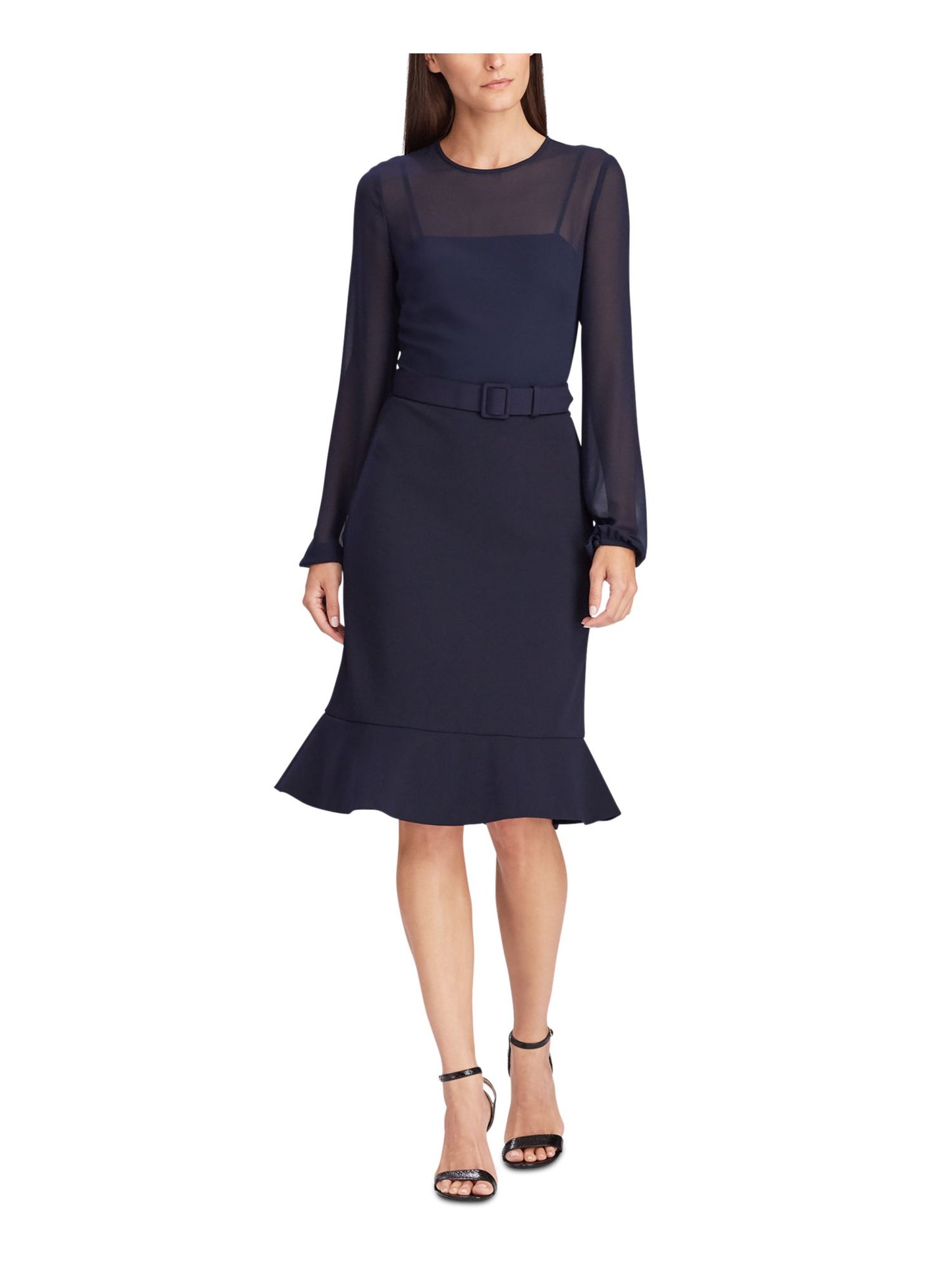 Ralph Lauren Women's Long Sleeve Knee Length Fit Flare Evening Dress Blue Size 10
