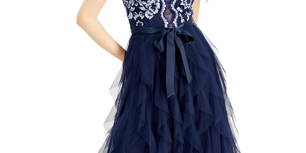 Teeze Me Women's Navy Ruffled Textured Floral Sleeveless Halter Full-Length Layered Formal Dress  Navy Size 5