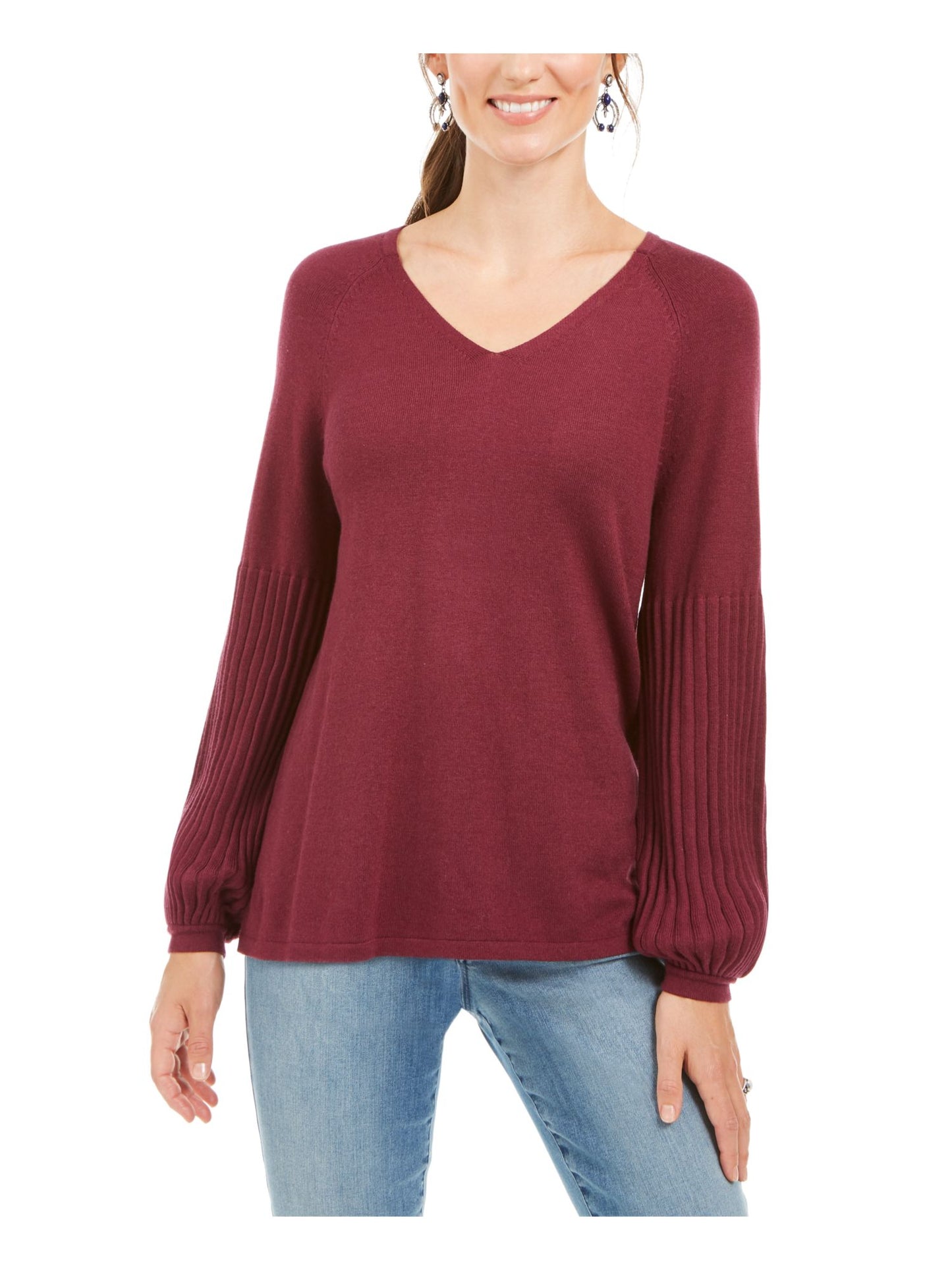 Style & Co Women's Long Sleeve V Neck Sweater Red Size Petite Small