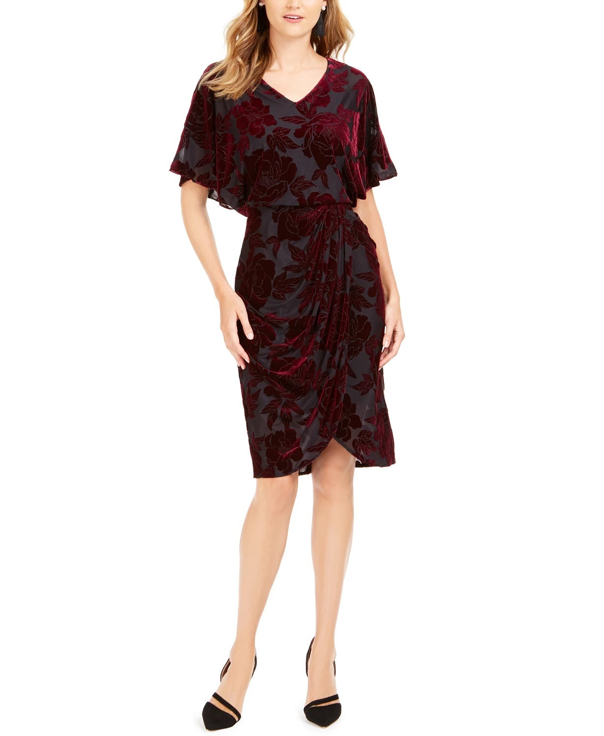 28Th & Park Women's Red Floral Short Sleeve V Neck Knee Length Tulip Evening Dress Red Size 12