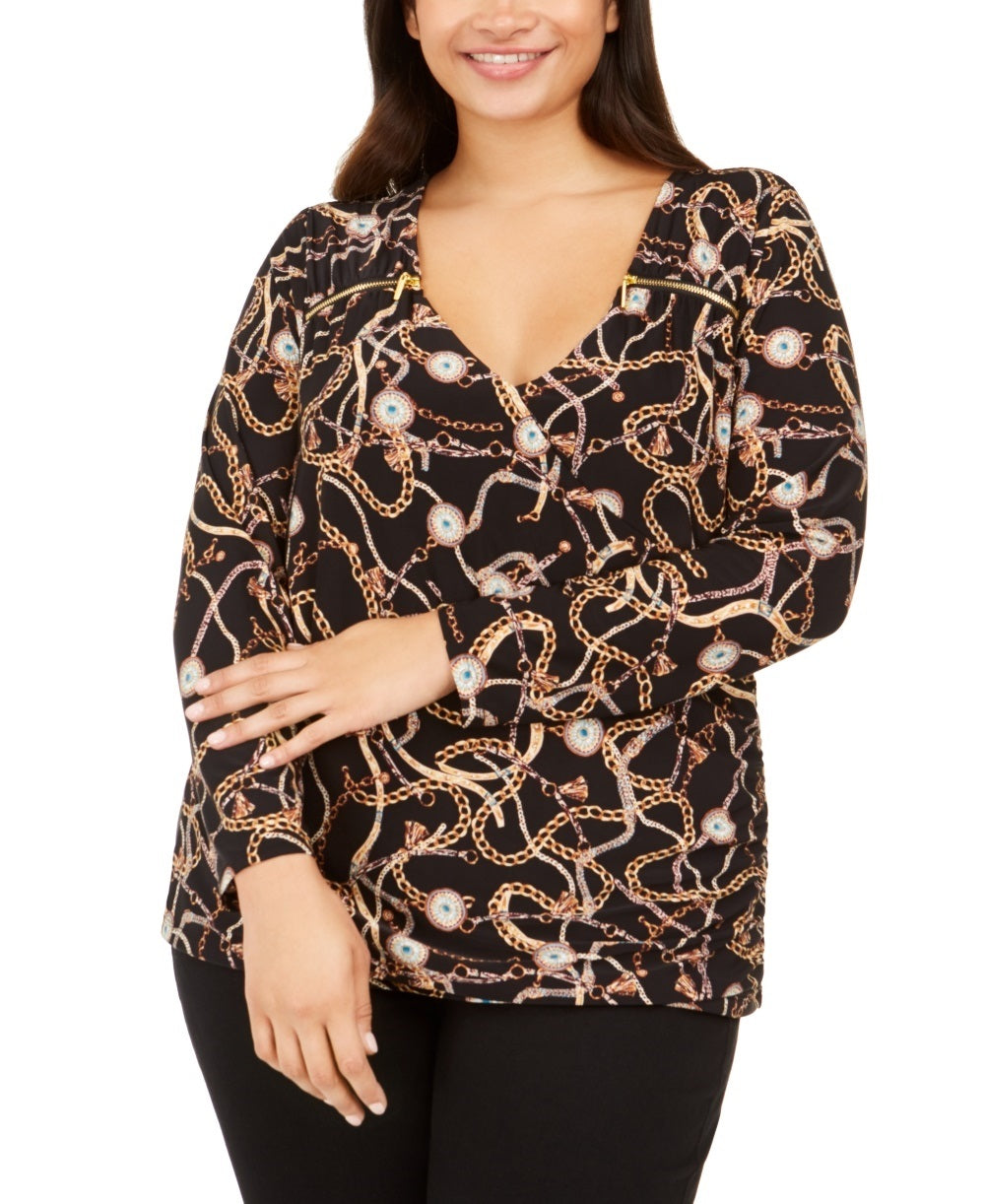 INC International Concepts Women's Plus Printed Zip Surplice Blouse Black Size 2X