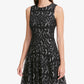Tommy Hilfiger Women's Black Printed Sleeveless Jewel Neck Short Fit + Flare Party Dress Silver Size 14