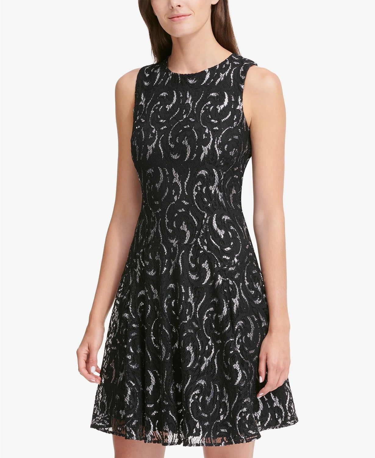 Tommy Hilfiger Women's Black Printed Sleeveless Jewel Neck Short Fit + Flare Party Dress Silver Size 14