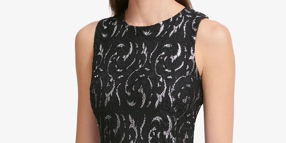 Tommy Hilfiger Women's Black Printed Sleeveless Jewel Neck Short Fit + Flare Party Dress Silver Size 14