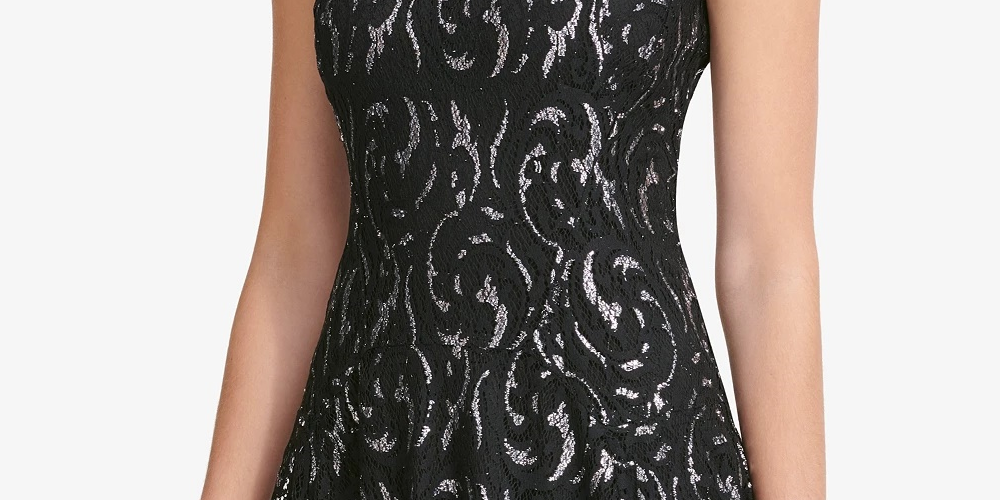 Tommy Hilfiger Women's Black Printed Sleeveless Jewel Neck Short Fit + Flare Party Dress Silver Size 14