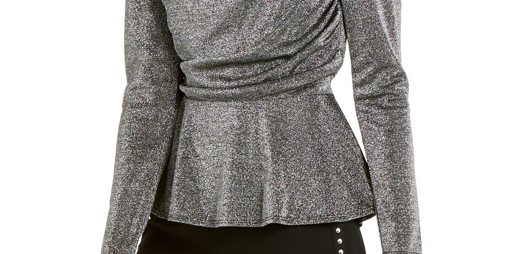 INC International Concepts Women's Shiny Metallic Drapey Blouse Black Size X-Small