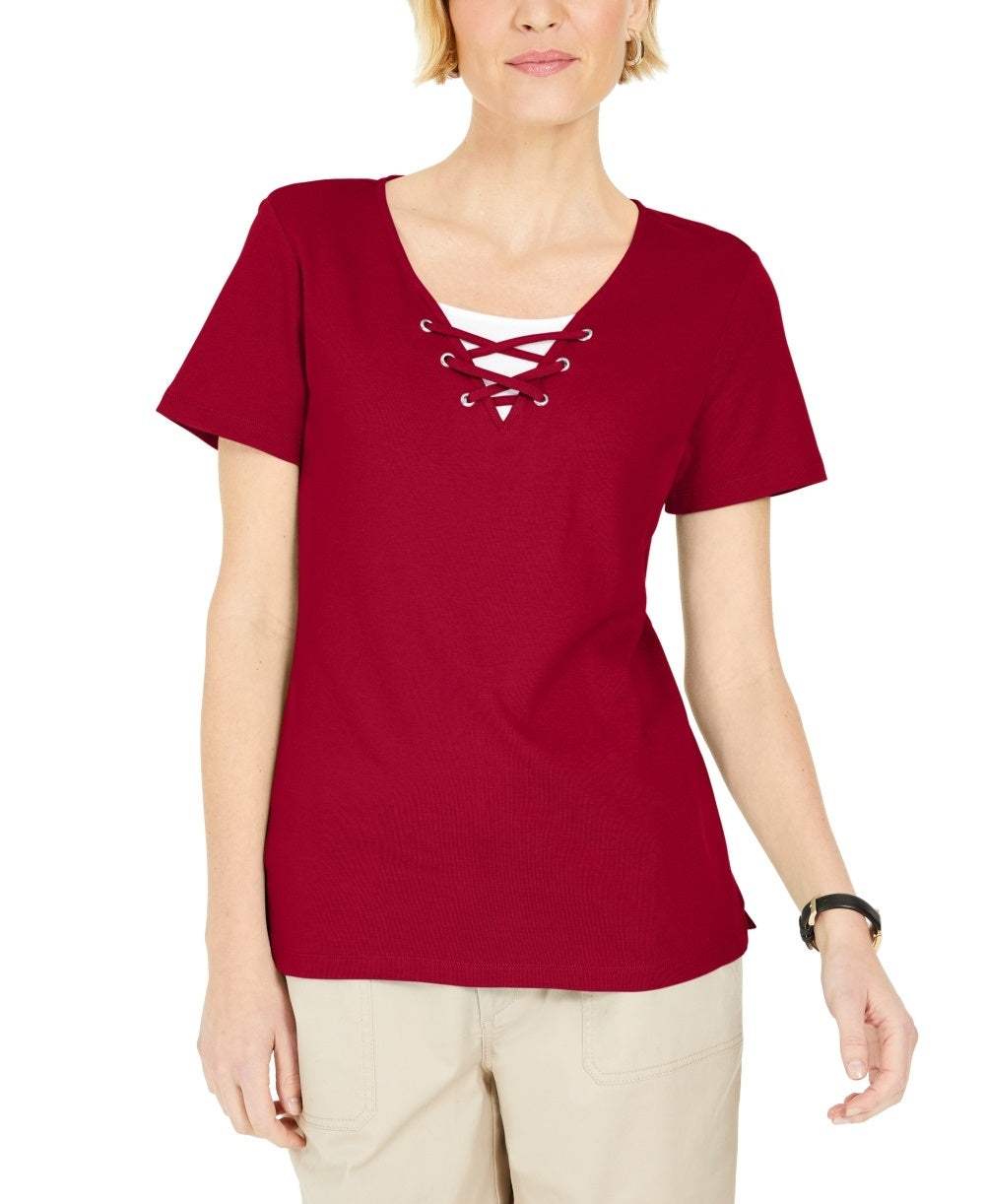 Karen Scott Women's Lace-Up Layered-Look Top  Bright Red Size Large