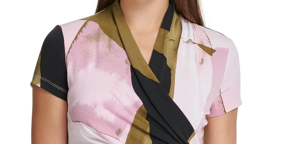 DKNY Women's Printed Surplice-Neck Top Bright Pink Size Large