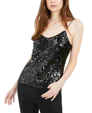 Leyden Women's Black Sequined Spaghetti Strap Scoop Neck Tank Party Top Black Size X-Small