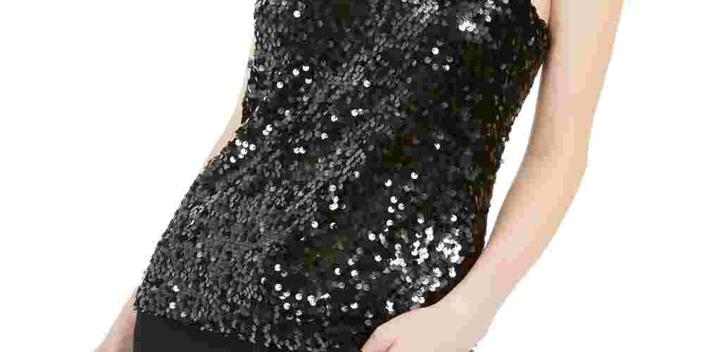 Leyden Women's Black Sequined Spaghetti Strap Scoop Neck Tank Party Top Black Size X-Small