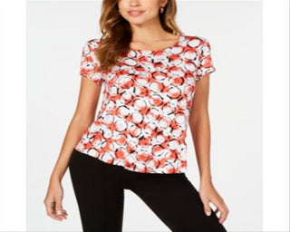 Alfani Women's Printed Round Hem T-Shirt Red Size Petite S/M