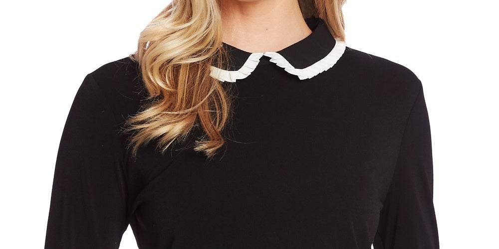 CeCe Women's Pleat Collar Long Sleeve Top Black Size Petite Medium