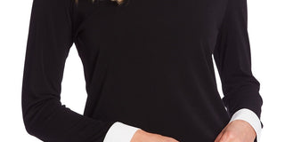 CeCe Women's Pleat Collar Long Sleeve Top Black Size Petite Medium
