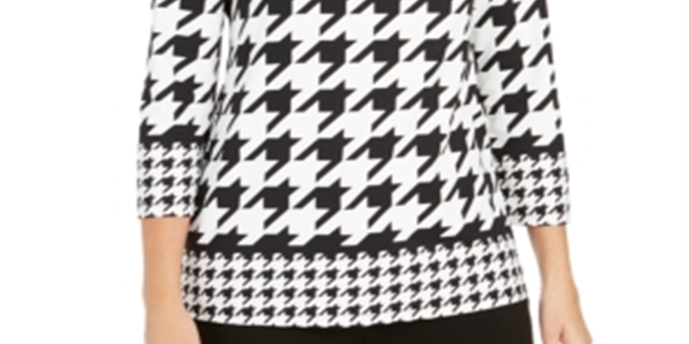 Charter Club Women's Button Shoulder Houndstooth Top Black -White Size Petite L