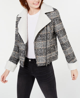 Maralyn & Me Juniors Faux-Shearling-Trim Moto Jacket Black/White/Camel Plaid Charcoal Size X-Small
