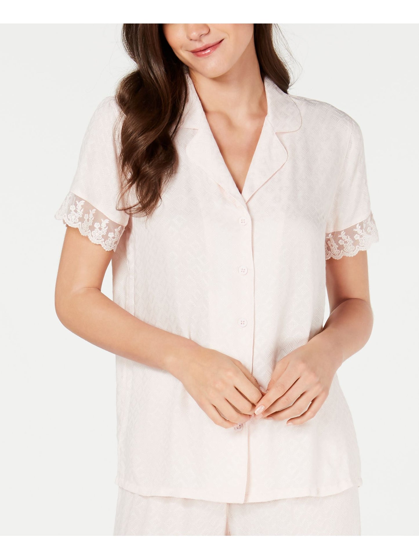 Charter Club Women's Intimates Lace Trim Solid Sleepwear Shirt Pink  Size Large