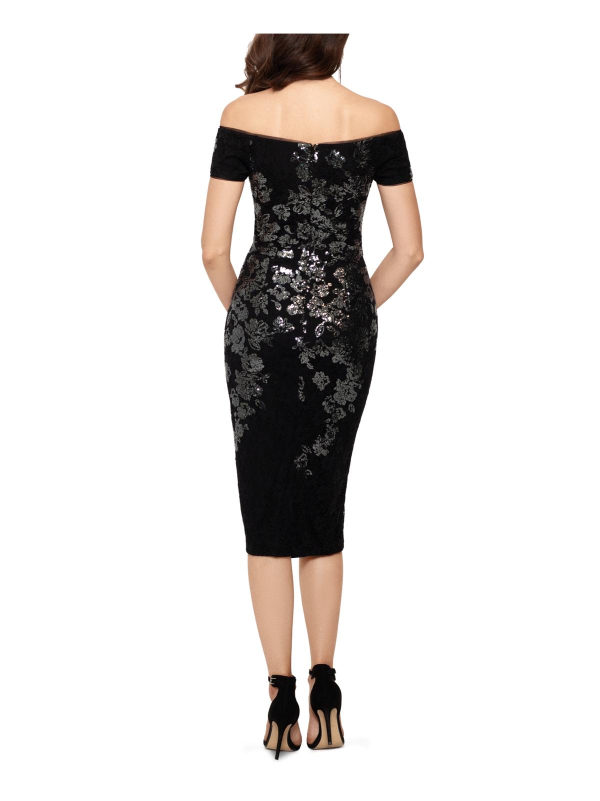 Xscape Women's Sequined Off the Shoulder MIDI Dress Black Silver Size 6 Petite
