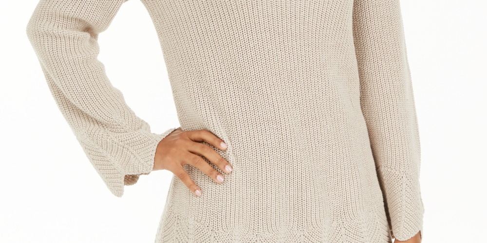 Style & Co Women's Scalloped-Hem Ribbed Sweater Beige Size Small