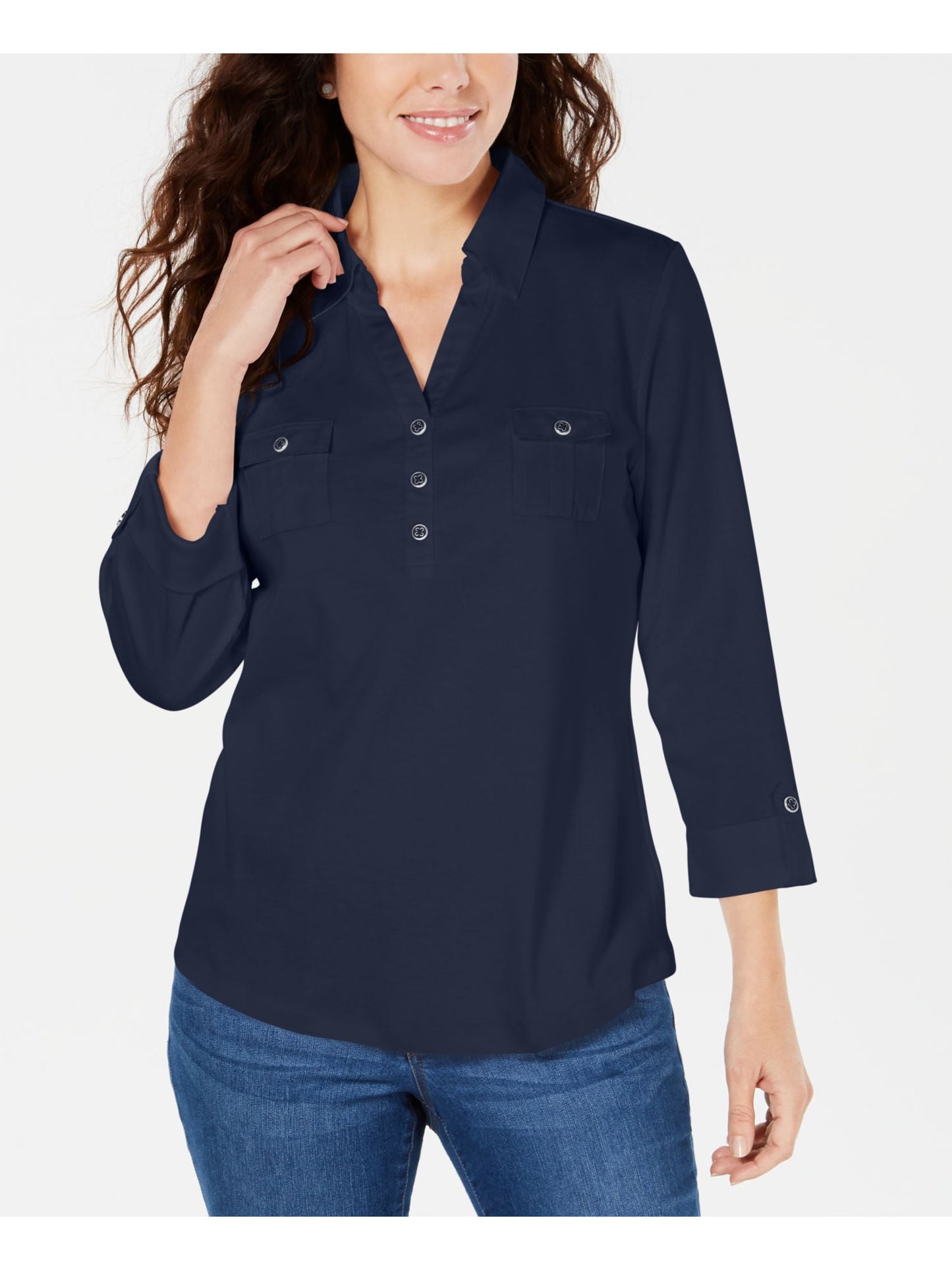 Karen Scott Women's 3/4 Sleeve Polo Shirt Blue Size Petite L