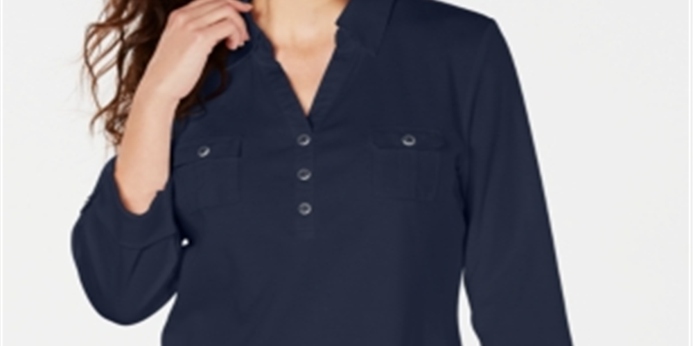 Karen Scott Women's 3/4 Sleeve Polo Shirt Blue Size Petite L