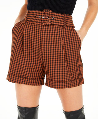 Bar III Women's Becca Tilley x Powersuit Gingham Belted Shorts Orange Size 2