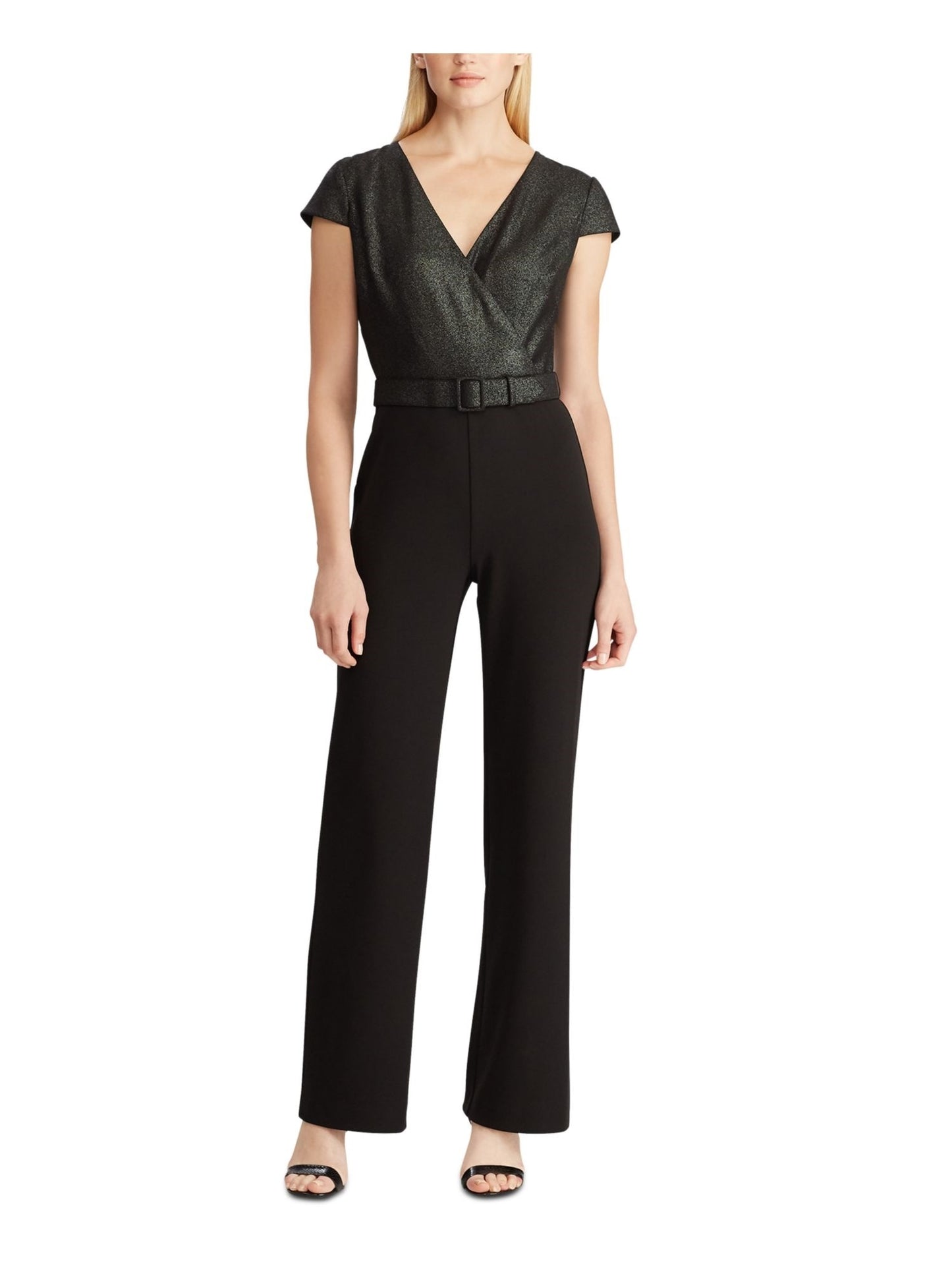 Ralph Lauren Women's Glitter Long Sleeve V Neck T-Shirt Straight Leg Wear To Work Jumpsuit Black Size 8