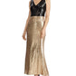 Ralph Lauren Women's Gold Sequined Color Block Sleeveless V Neck Maxi Sheath Evening Dress Gold Size 18