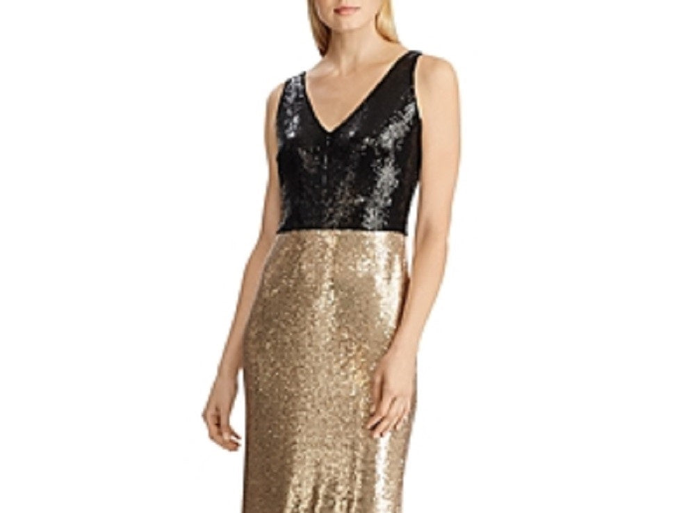 Ralph Lauren Women's Gold Sequined Color Block Sleeveless V Neck Maxi Sheath Evening Dress Gold Size 18