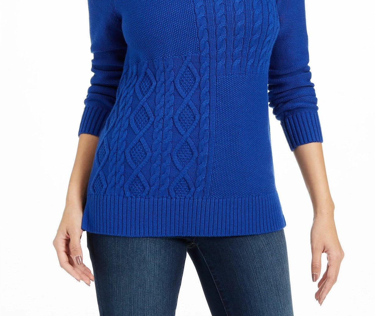 Charter Club Women's Patchwork-Stitch Asymmetrical-Collar Sweater Blue Size Small