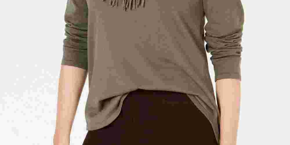 Style & Co Women's Fringe-Trim Cowlneck Sweater Green Size Small