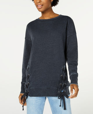 Hippie Rose Women's Lace-Up Tunic Sweatshirt Black Size Small