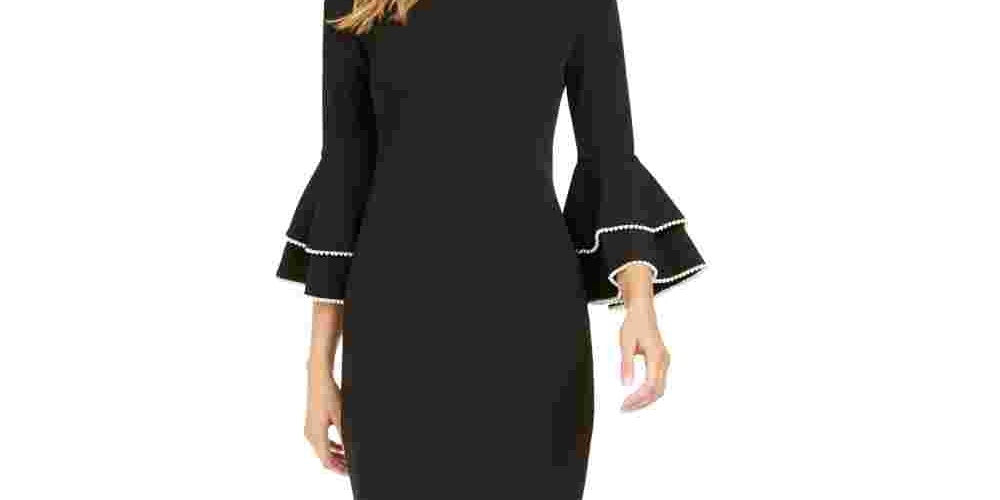 Calvin Klein Women's Embellished Bell Sleeve Sheath Dress Black Size 6