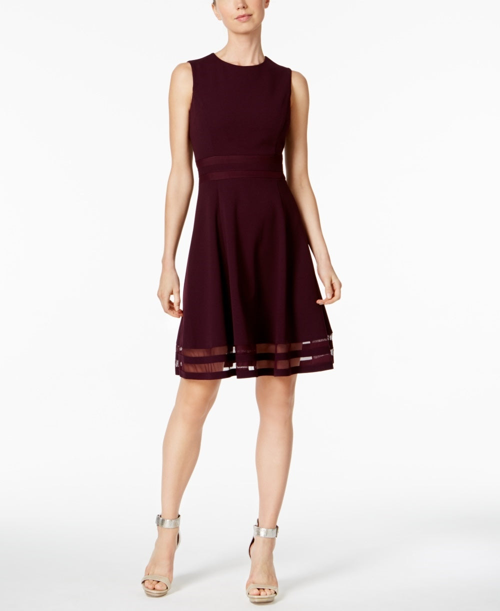 Calvin Klein Women's Illusion Trim Fit & Flare Dress Regular Purple Size 0 Petite